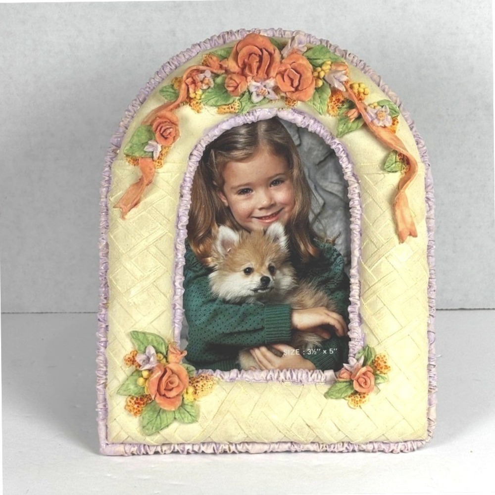 Vtg 90s Peach Roses Floral Photo Frame 3.5x5 English Country Cottage Romantic